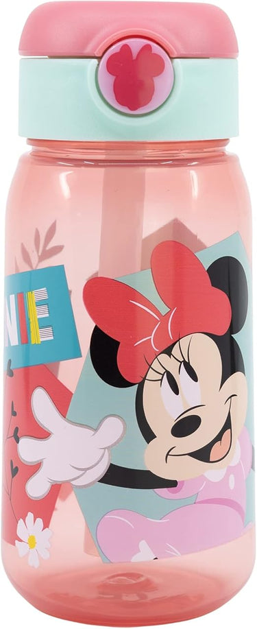 Botella de agua infantil de plástico de 510 ml con tapón y pajita de Minnie Mouse